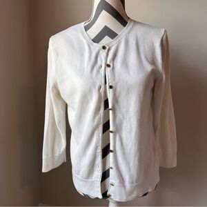 Lilly Pulitzer White Cotton Crew Neck Cardigan Medium Gold Buttons 3/4 Sleeves